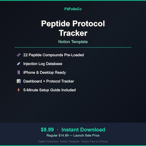 May include: A dark blue digital product advertisement for a "Peptide Protocol Tracker" Notion template. The text includes features like pre-loaded compounds, an injection log database, and iPhone & desktop compatibility. The product is a digital download.