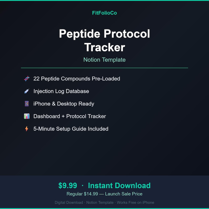 May include: A dark blue digital product advertisement for a "Peptide Protocol Tracker" Notion template. The text includes features like pre-loaded compounds, an injection log database, and iPhone & desktop compatibility. The product is a digital download.