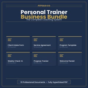May include: A navy blue graphic with the text "Personal Trainer Business Bundle" and "The Complete Coaching System." The image displays six document templates, including a client intake form and a service agreement.
