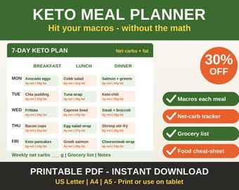 May include: A printable Keto Meal Planner with a 7-day plan, featuring breakfast, lunch, and dinner options. Includes a net-carb tracker, grocery list, and food cheat-sheet. The planner is available in US Letter, A4, and A5 sizes.