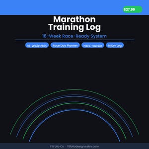 May include: A digital product with the title "Marathon Training Log" and the subtitle "16-Week Race-Ready System." It includes sections for a 16-week plan, race day planner, pace tracker, and injury log. The design features blue and green curved lines on a dark background.