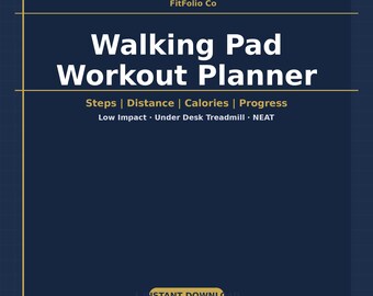 May include: A navy blue digital planner with gold accents. The text reads "Walking Pad Workout Planner" with sections for steps, distance, calories, and progress. Additional text includes "Low Impact, Under Desk Treadmill, NEAT". The Etsy shop URL is visible.