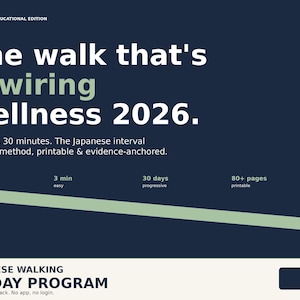 May include: Dark blue graphic with white text: "The walk that's rewiring wellness 2026." Details: 30 days, 30 minutes, Japanese interval walking method. Includes "Japanese Walking 30-Day Program" text. Printable, no app, no login.