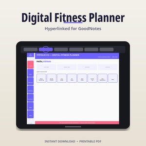 May include: A digital fitness planner displayed on a tablet screen with a purple and white interface. The screen shows the text Fitfolio Co - Digital Fitness Planner, Hello, Athlete, and various navigation buttons for workout logs and habit trackers.