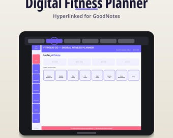 May include: A digital fitness planner displayed on a tablet screen with a purple and white interface. The screen shows the text Fitfolio Co - Digital Fitness Planner, Hello, Athlete, and various navigation buttons for workout logs and habit trackers.