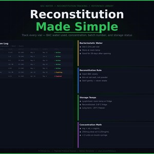 May include: A dark green graphic with the title "Reconstitution Made Simple." The image includes a reconstitution log, bacteriostatic water instructions, reconstitution rules, storage temperatures, and concentration math. Text is white and green.