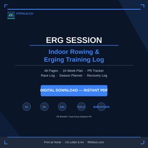 May include: A digital PDF training log for indoor rowing and erging sessions. The dark blue document includes the text "ERG SESSION Indoor Rowing & Erging Training Log". It features sections for a 16-week plan, race log, and recovery log. Includes distances from 2K to Marathon.