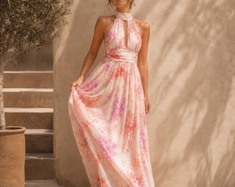 Pink Floral Halter Maxi Dress, Backless Summer Dress, Romantic Vacation Gown, Wedding Guest Dress