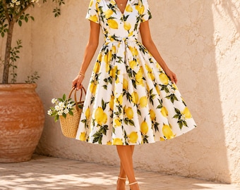 Cotton Midi Dress, Vintage Dress, Lemon Print, 1950s Dress, Cotton Dress, Retro Midi Dress, Tea Party Dress, Summer Dress, Hepburn Style