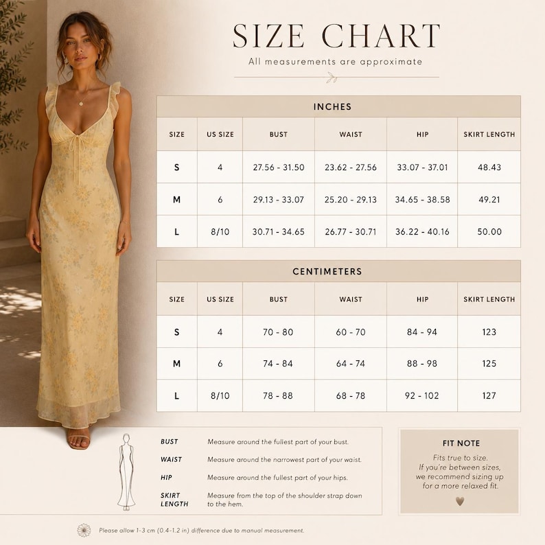 May include: A woman wearing a yellow floral print maxi dress. The image includes a size chart with measurements in inches and centimeters for bust, waist, hip, and skirt length. The text reads "SIZE CHART" and "All measurements are approximate."