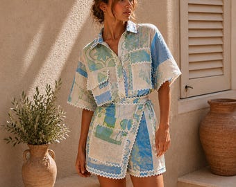 Patchwork Linen Blend Playsuit, Summer Vacation Beach Outfit, European Resort Style
