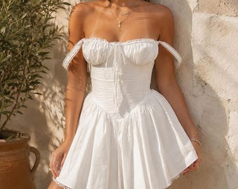 Minivestido blanco con corsé, vestido de campesina, vestido babydoll, atuendo romántico de verano, ropa de vacaciones