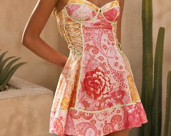 Floral Corset Mini Dress, Vintage Paisley A-Line Sundress, Summer Beach Vacation