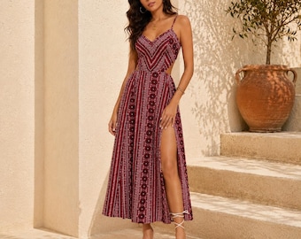 Boho Maxi Dress, Burgundy dress, Festival Outfit, Country Concert wear, Western Style, Bohemian Summer Wear, Hippie Fashion