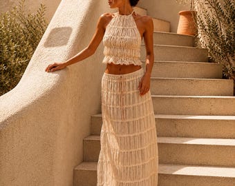 Halter Top Maxi Skirt Set, Ruched Boho Beach Vacation Outfit