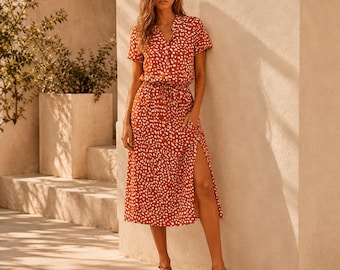Polka Dot Cotton Midi Dress, Lightweight Summer Dress, Boho Vacation Outfit