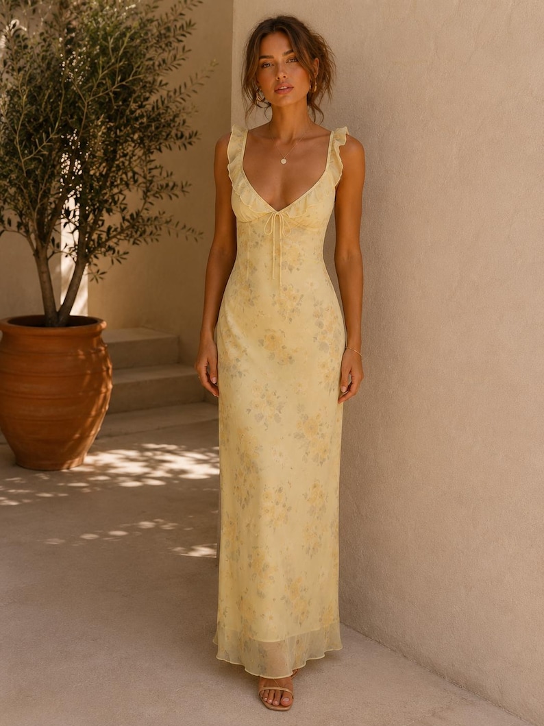 May include: A long, yellow floral print dress with a V-neckline and ruffled straps. The dress has a flowing silhouette and a subtle floral pattern in shades of yellow and blue. The dress is made of a lightweight fabric.