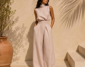 Cotton Linen Two Piece Set, Sleeveless Summer Outfit, Wide Leg Pants Set, Euro Summer