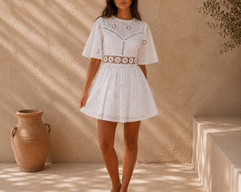 White Eyelet Dress, Open Back Dress, White Summer Outfit, Boho Mini Dress, Cotton Embroidered Dress