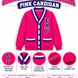 Peut inclure: Un cardigan tricoté rose vif avec un col en V bordé de blanc et de violet, des manches longues et deux poches avant avec une bordure assortie. Les lettres grecques Sigma Lambda Gamma sont brodées verticalement en blanc et violet sur la poitrine.