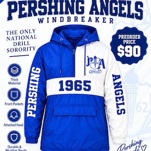 May include: A blue and white color-blocked windbreaker featuring a hood with drawstrings, a front zipper, and a large center pocket. The text PERSHING ANGELS is printed on the sleeves, with 1965 on the chest and a logo featuring a torch and 1962.