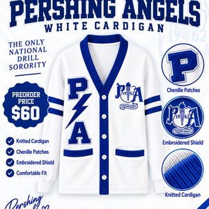 May include: A white knitted cardigan with royal blue trim, featuring a button-down front, two pockets, and blue chenille patches. The design includes a large P, a lightning bolt, an A, and an embroidered shield logo with the text Pershing Angels.