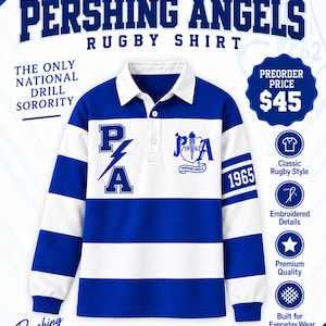 May include: A long-sleeve rugby shirt featuring horizontal blue and white stripes, a white collar, and a three-button placket. The chest displays the letters PA with a lightning bolt and a logo with the text 1962, while the sleeve features 1965.