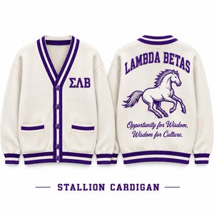 May include: A cream-coloured V-neck cardigan with purple trim, buttons, and two front pockets. The front features the Greek letters ΣΛΒ. The back displays a graphic of a horse with the text LAMBDA BETAS and Opportunity for Wisdom, Wisdom for Culture.
