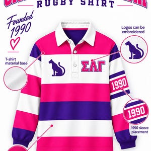 May include: A long-sleeved rugby shirt featuring horizontal stripes in hot pink, white, and purple. The shirt has a white collar, a three-button placket, a purple panther silhouette on the chest, and the Greek letters ΣΛΓ in pink and white.