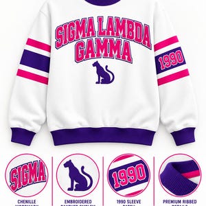 Peut inclure: Un sweat-shirt blanc avec des accents violets et roses portant le texte SIGMA LAMBDA GAMMA dans une police universitaire, une silhouette de panthère et le nombre 1990 sur la manche. Détails incluant un mot en chenille, une panthère brodée et des bords côtelés.