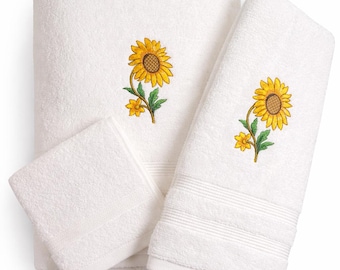 Sunflower Embroidered Bath Towel Set, Farmhouse Floral Bathroom Towels