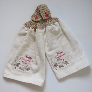 Happy Valentine's Day floral design embroidered crochet top kitchen hand towel set of 2 image 2