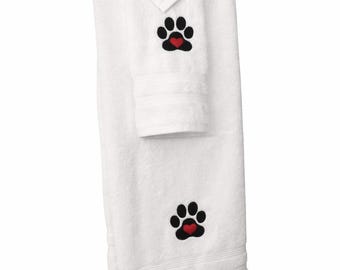 Embroidered Paw Print Hand Towels | Pet Lover Kitchen Decor | White Cotton Gift