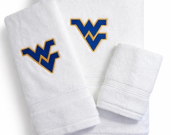 West Virginia Mountaineers Bath Towel Set, Embroidered WV Logo Towels, College Sports Bathroom Decor