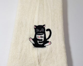 Coffee Cat embroidered hand towel