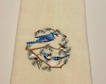 Blue Jay Embroidered Hand Towel