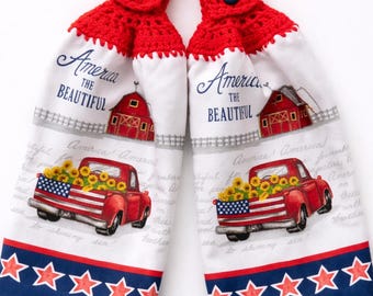 Paños de cocina colgantes patrióticos, Estados Unidos, parte superior de crochet, juego de 2