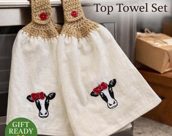 牛の刺繍入りキッチンタオル、かぎ針編みトップ、ファームハウス風装飾、2枚セット
