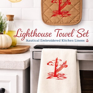 Juego de toalla de cocina y agarradera con bordado de faro / Decoración náutica costera para el hogar