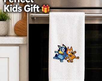 Toalla de cocina bordada de Bluey y Bingo – Regalo para niños, linda toalla de cocina con dibujos animados, decoración hecha a mano para el baño o la cocina, idea de regalo única