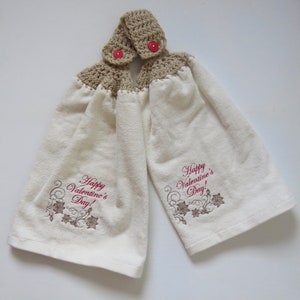 Happy Valentine's Day floral design embroidered crochet top kitchen hand towel set of 2 image 4