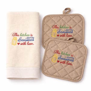 Embroidered Kitchen Towel and Pot Holder Set – Seasoned With Love Design