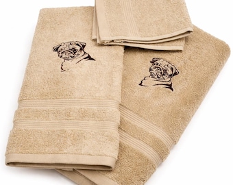 Embroidered Bath Towel Set | Pug Dog Bathroom Decor Gift