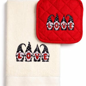 Gnome Love Embroidered Kitchen Towel and Pot Holder Set | Valentine Farmhouse Decor