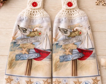 Coastal Kitchen Towels Set | Crochet Top Hanging Dish Towels