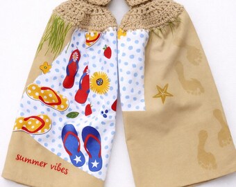Summer Vibes Hanging Kitchen Towels Set of 2, Crochet Top Beach Decor