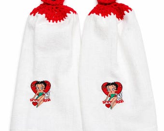 Toallas de cocina Betty Boop con parte superior de crochet, toallas rojas para colgar
