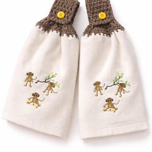 Monkey Embroidered Kitchen Towels Set | Crochet Hanging Dish Towels