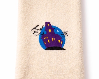 Ręcznik kuchenny z motywem nawiedzonego domu na Halloween, upiorny haftowany ręcznik jesienny