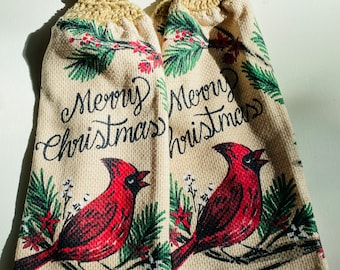 Merry Christmas Cardinal Crochet Top Kitchen Hand Towel Set of 2